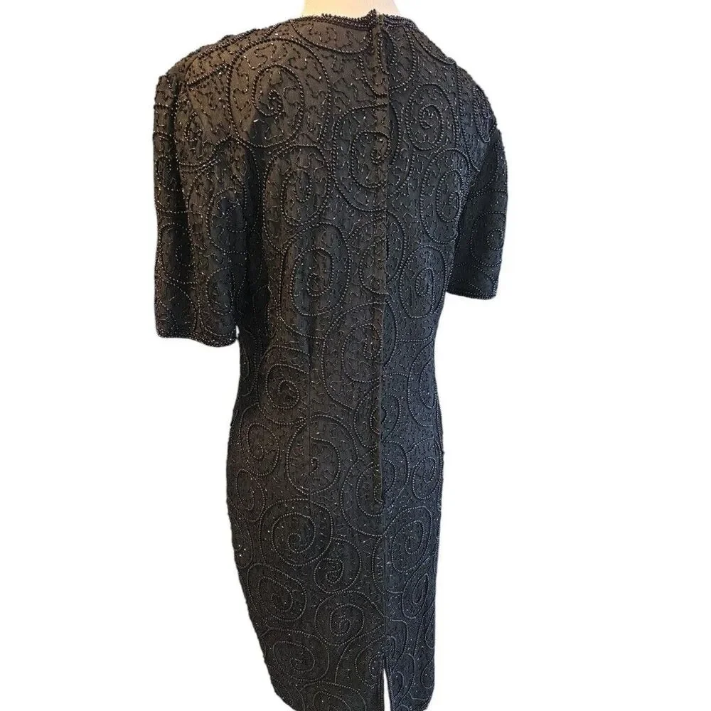 Vintage Jewel Queen 100% Pure Silk Beaded Dress Black Hand Embroidered SZ 8